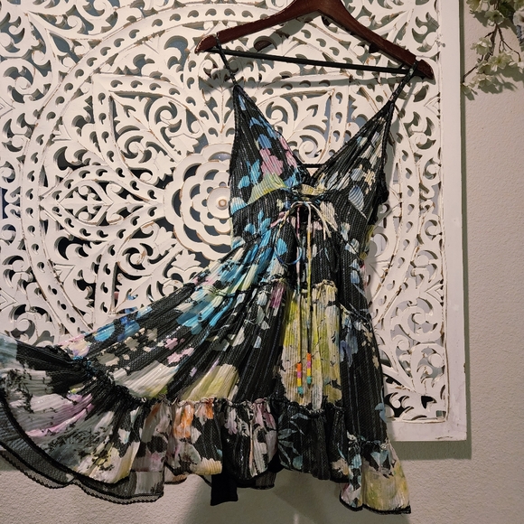 ROCOCO SAND SILK FLORAL TIERED MINI DRESS ADJUSTABLE STRAPS WOMENS MEDIUM - Picture 2 of 16